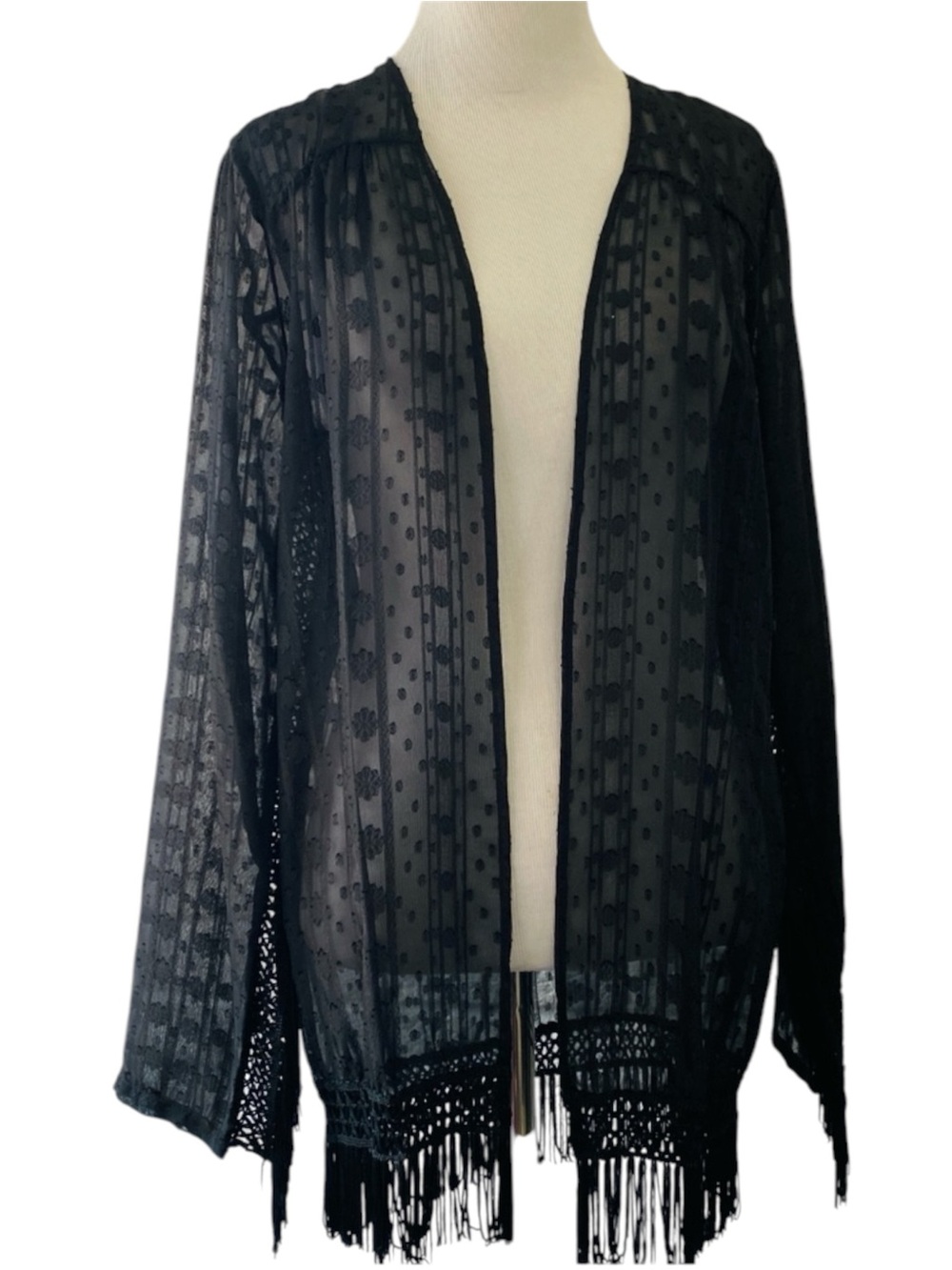 Lily White Black Sheer Polka-Dot Fringe Open Front Cardigan New Whimsigoth Small